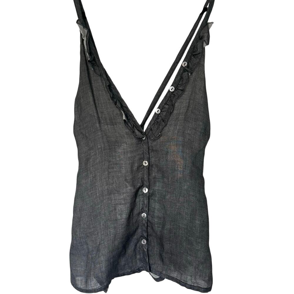 Stewart + Brown (M) Gray Organic Cotton Ruffle Detail Cross-Back Tank Top